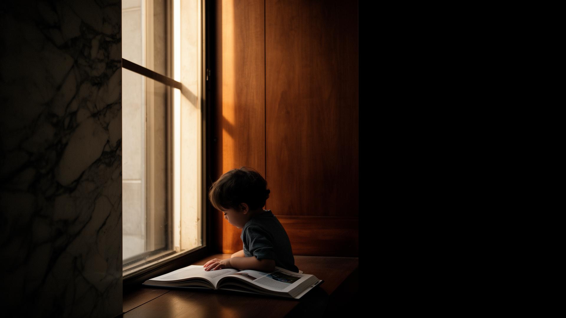 Niño leyendo junto a una ventana de mármol bajo luz dorada